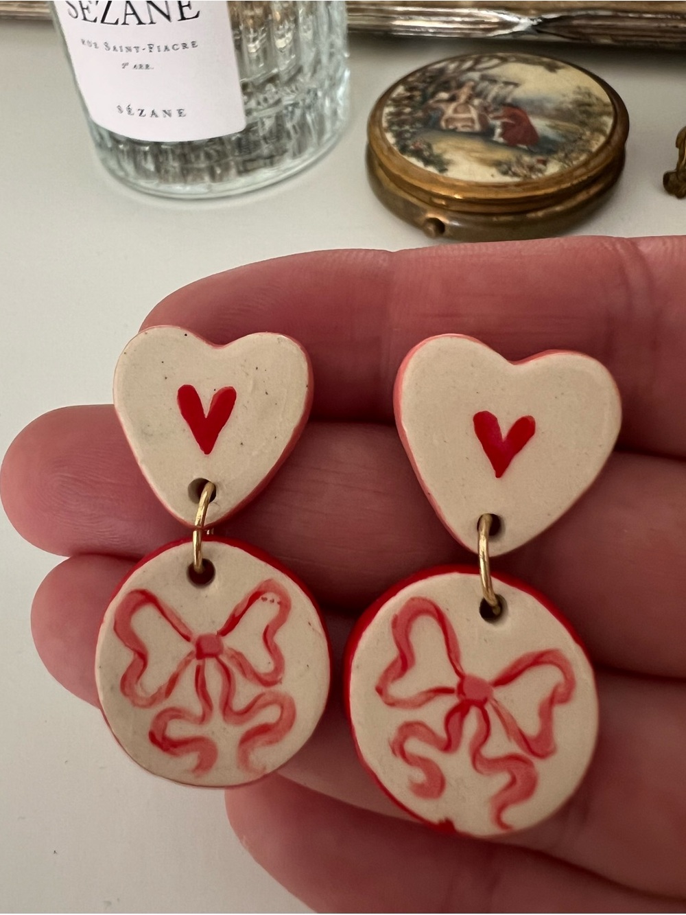 Handmade Ceramic Pink Bow Dangle Earrings Coquette Balletcore Artisan Clay